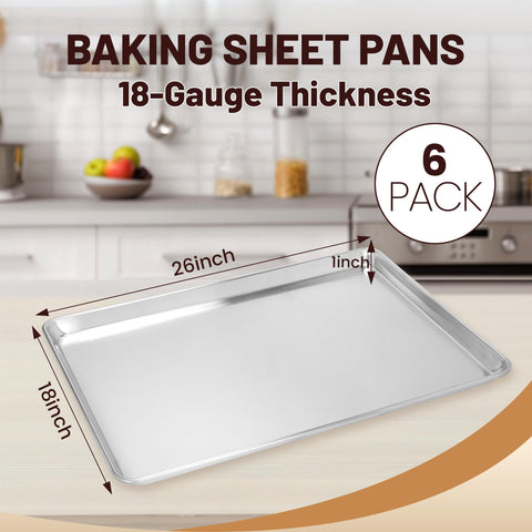 BIEAMA 6-pack 18x26 baking sheet top view highlighting mirror finish for easy release.