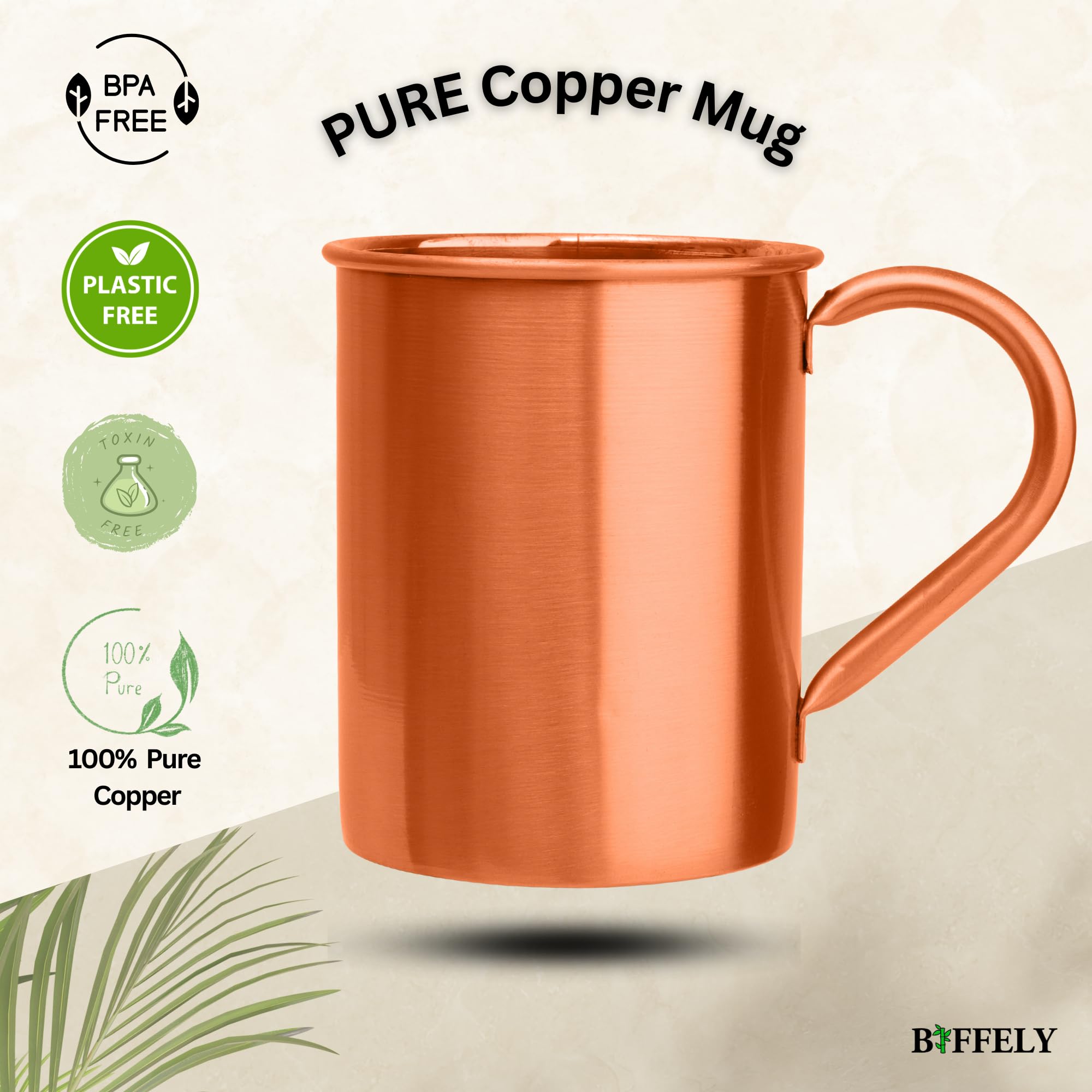 BIFFELY copper mug smooth rounded lip for comfortable sipping.