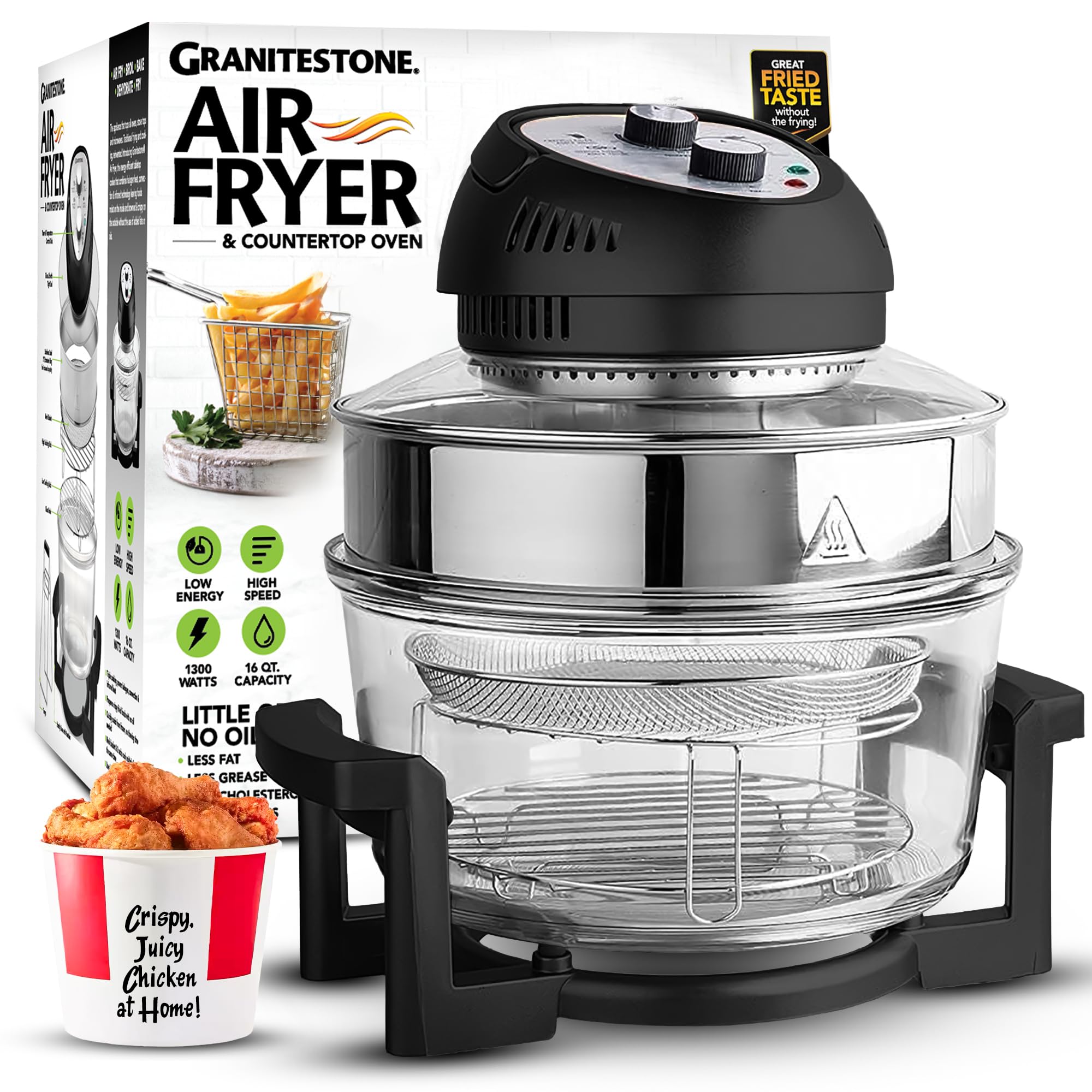 Big Boss 16qt extra-large glass air fryer front view showing spacious burn chamber for family meals.