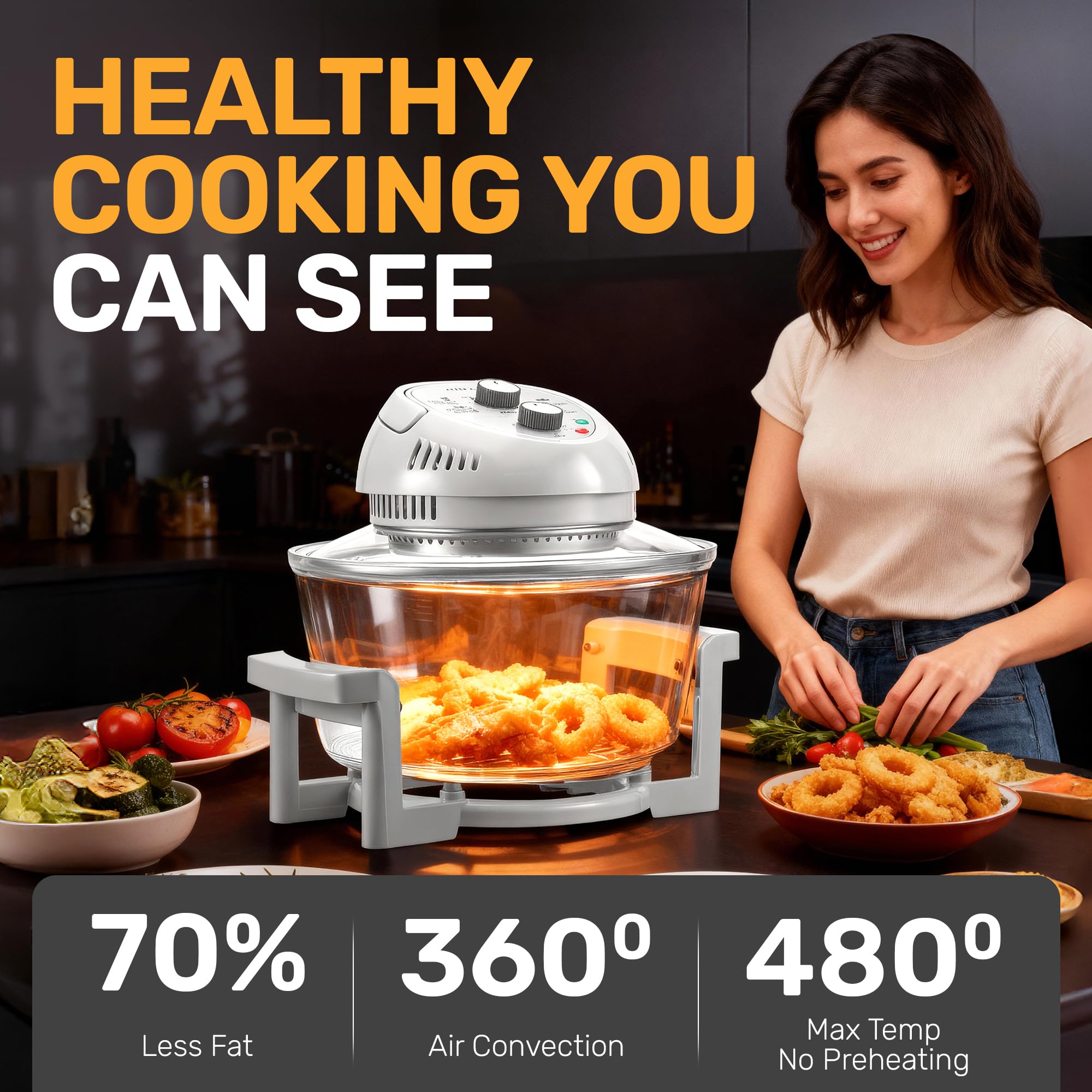 Big Boss 16Qt glass air fryer side panel shows durable design for busy family kitchens.