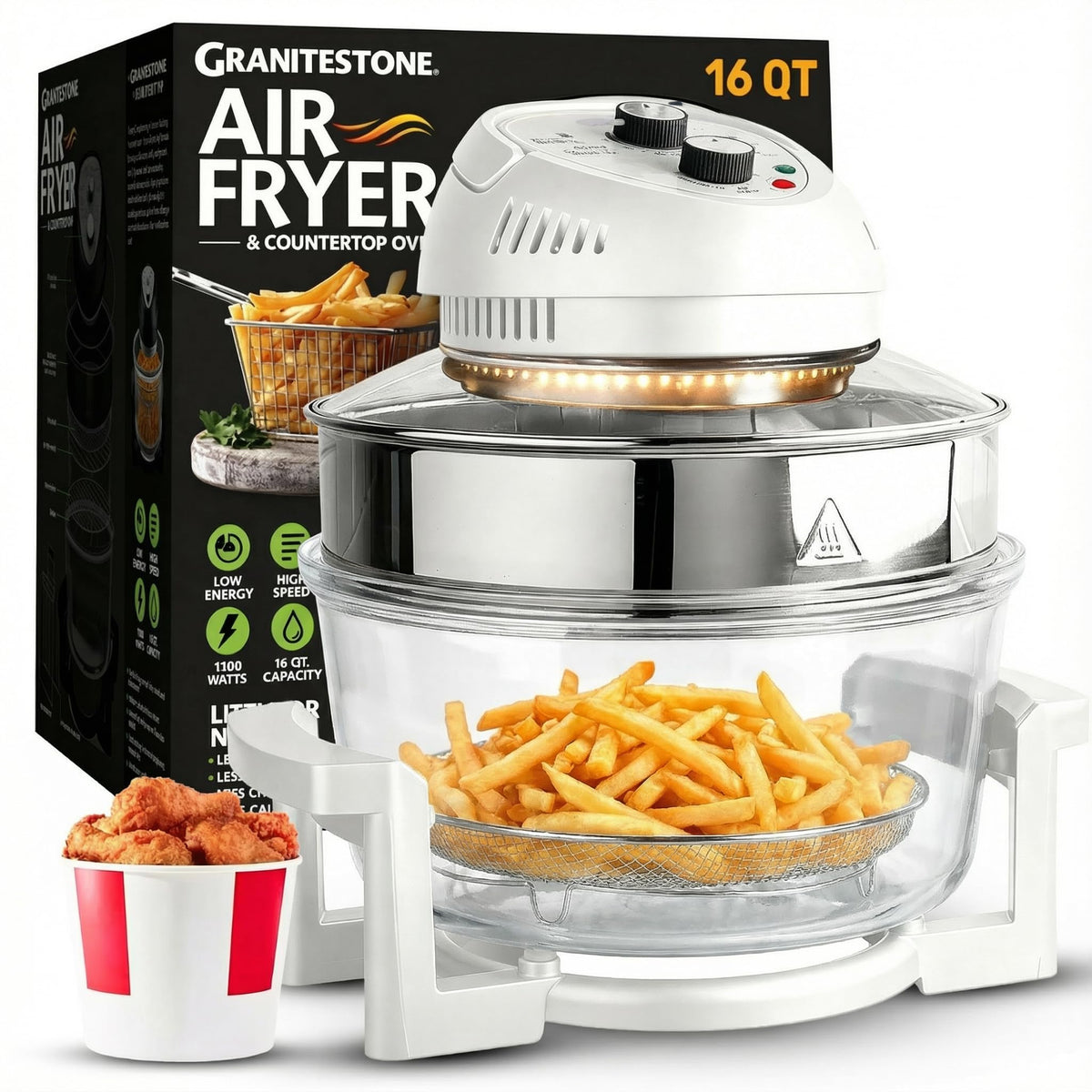Big Boss 16Qt glass bowl browning view for crispy, oil-free meals.