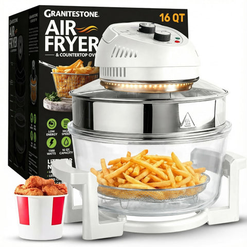 Big Boss 16Qt glass bowl browning view for crispy, oil-free meals.