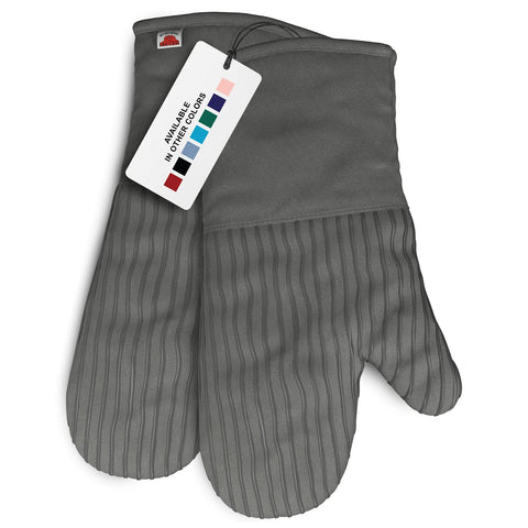 Big Red House gray silicone oven mitts, front view, designed for a secure grip on hot cookware.