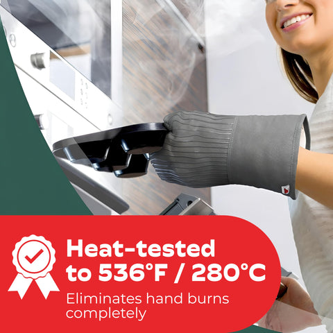 Big Red House gray oven mitts, side grip focus, non-slip control for hot pans.