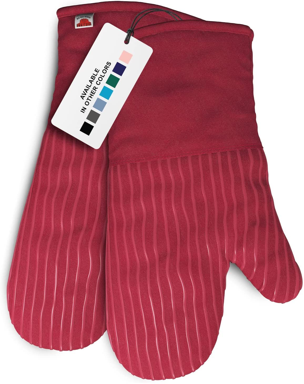 Big Red House silicone oven mitts in red, pair displayed, heat protection up to 536°F.