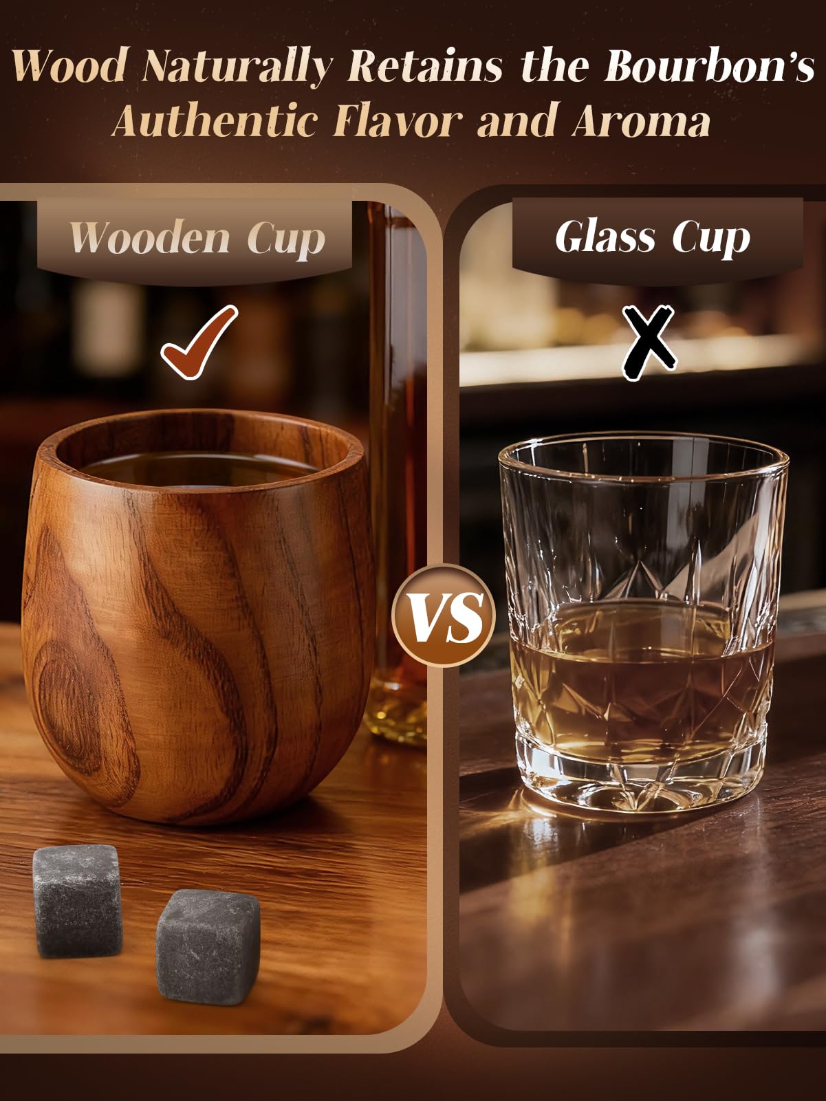 Bigmeta two wooden whiskey glasses displayed for sipping bourbon
