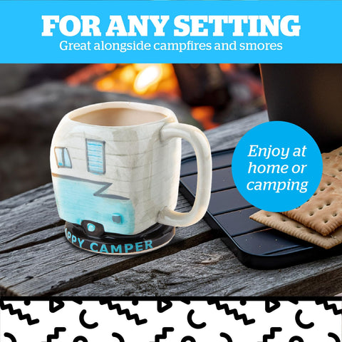BigMouth Inc Happy Camper mug inscription close-up highlighting outdoor humor