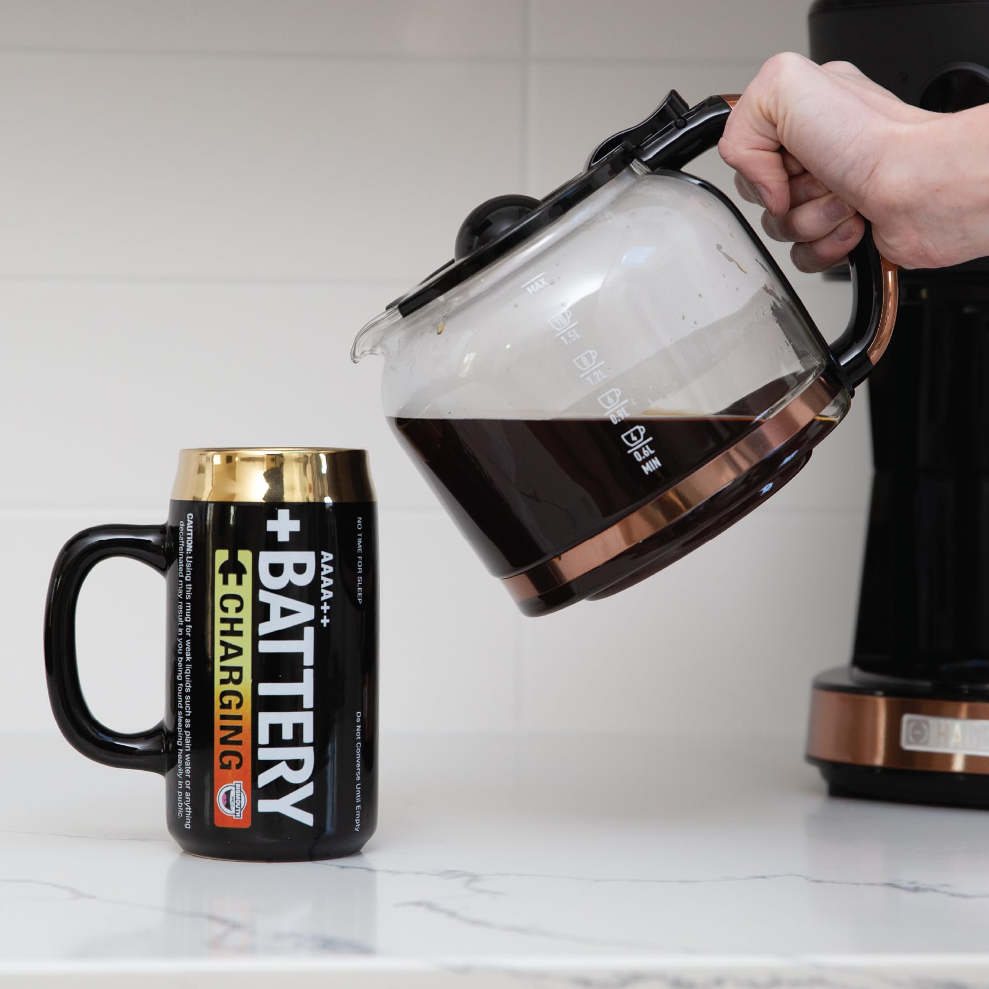 BigMouth Inc super charged mug showcases battery shape for playful coffee moments at home.
