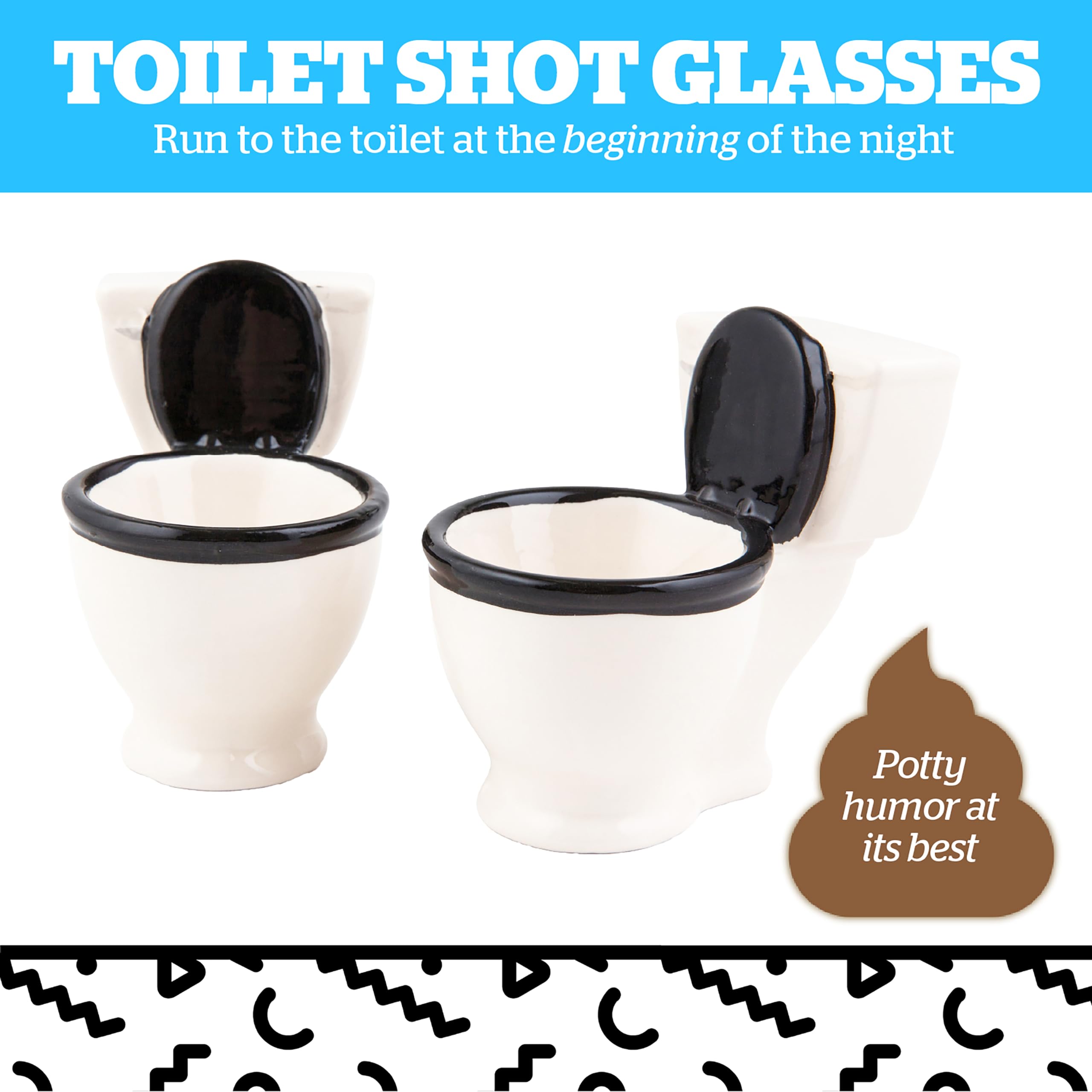 Two BigMouth Inc toilet shot glasses ready for White Elephant fun