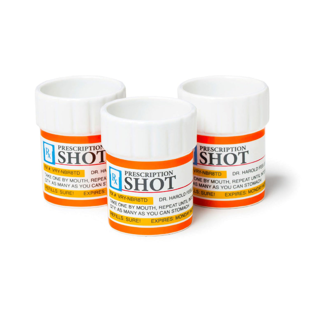 BigMouth Inc prescription pill bottle shot glasses 3-pack for playful party toasts.