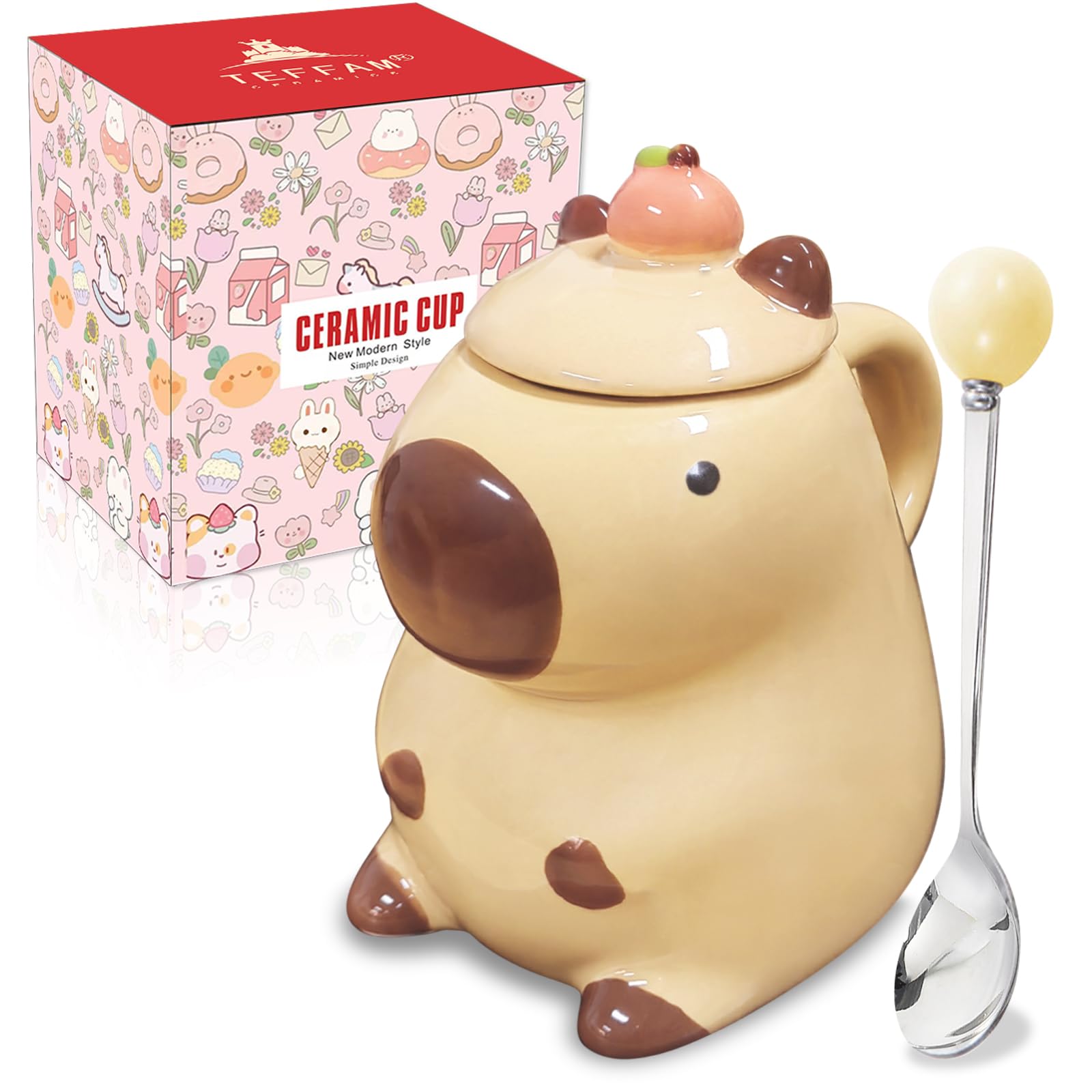 BigNoseDeer Capybara mug with lid, charming capybara design keeps drinks warm.