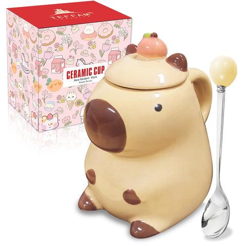 BigNoseDeer Capybara mug with lid, charming capybara design keeps drinks warm.