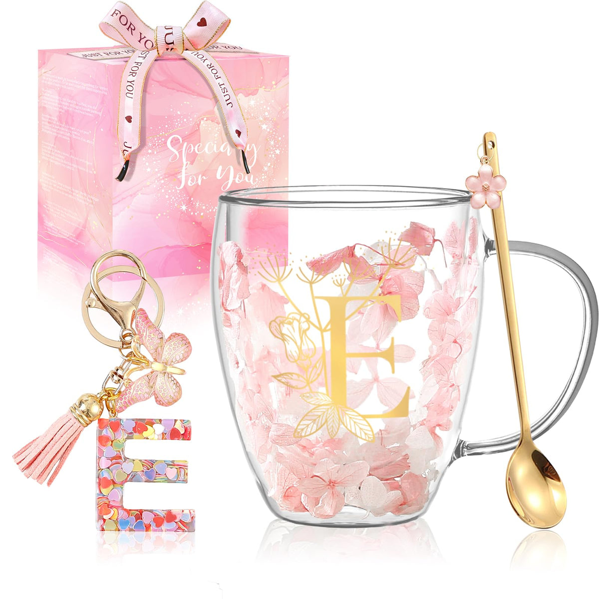 BigNoseDeer dried flowers glass mug with floating blooms for tea or coffee