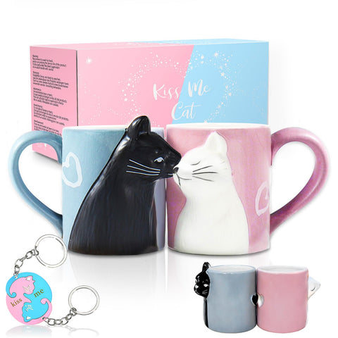 BigNoseDeer kissing cat mug in blue and pink, ideal for cozy mornings together.