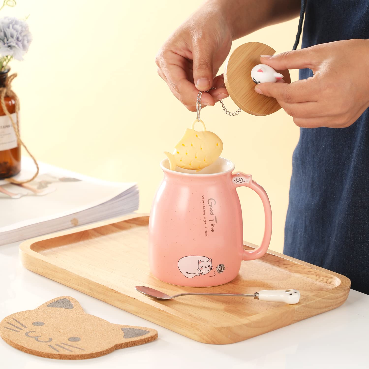 BigNoseDeer pink cat mug used as desk decor to brighten space