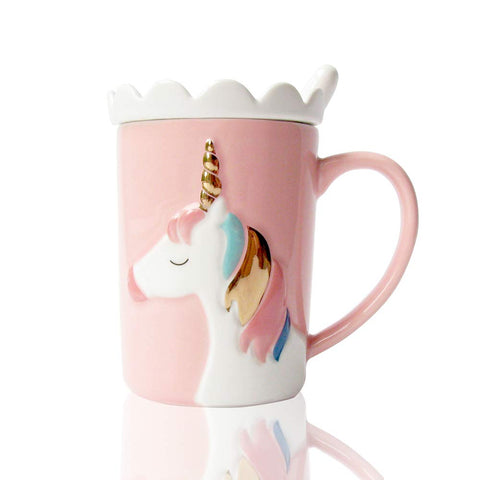 BigNoseDeer Unicorn Mug in pink with lid and spoon, ideal for cozy mornings