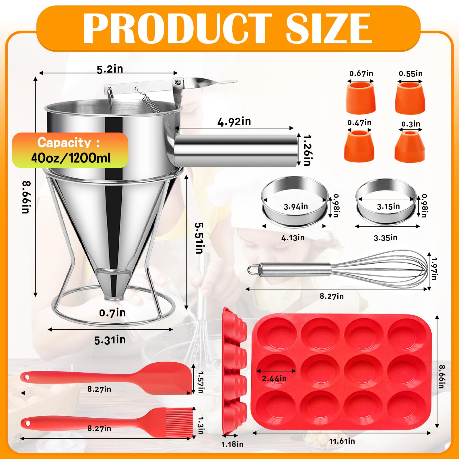 BILIPLE silicone mouth with four sizes enables accurate batter distribution.