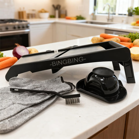 BINGBING Mandoline includes a food holder for stable slicing.