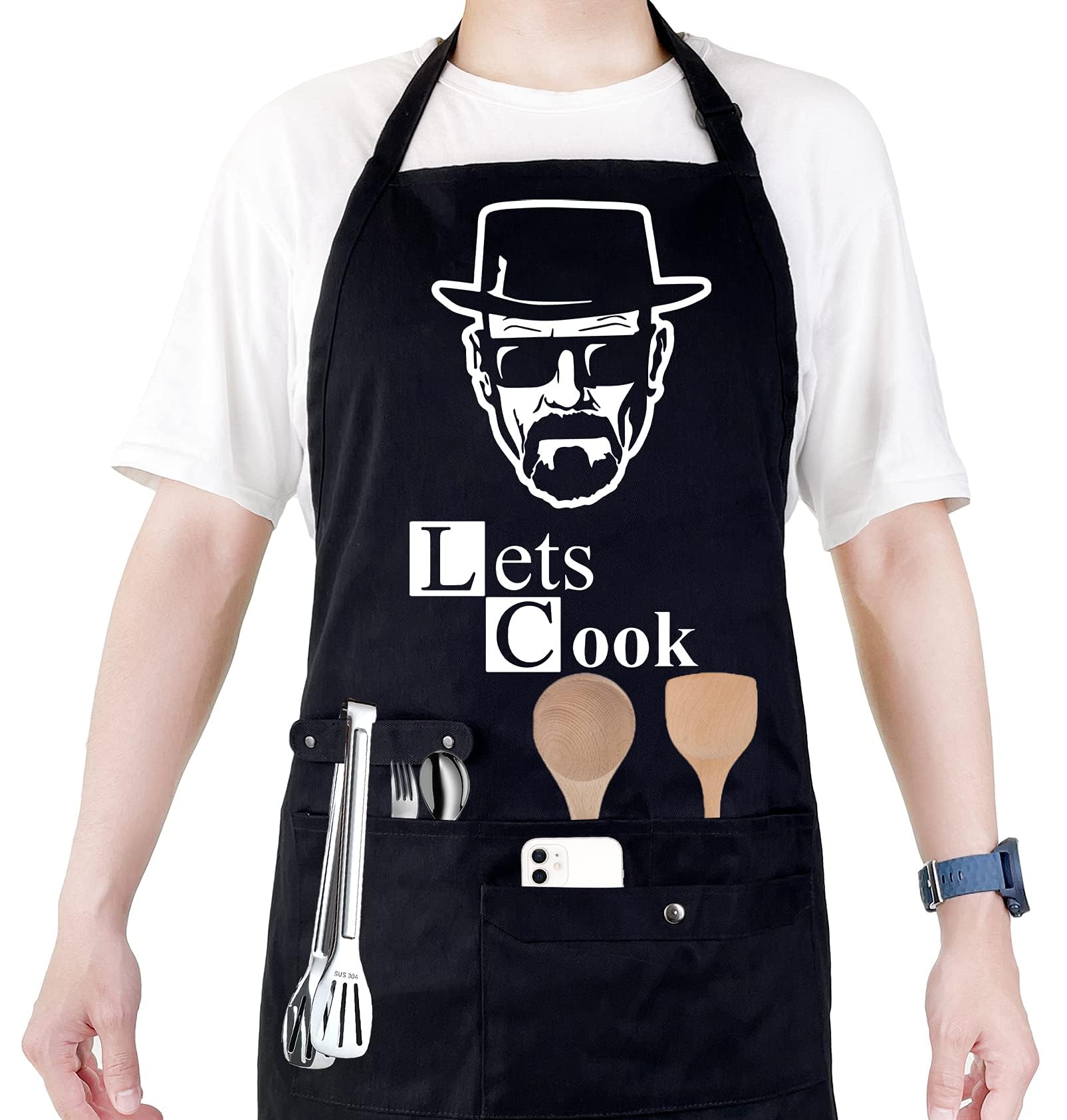 Binggle funny cooking apron with pockets keeps utensils within reach during meal prep.