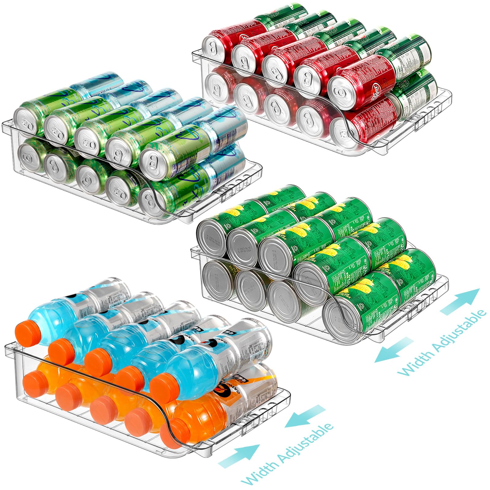 BingoHive clear width-adjustable can organizer front view showing accessibility of cans