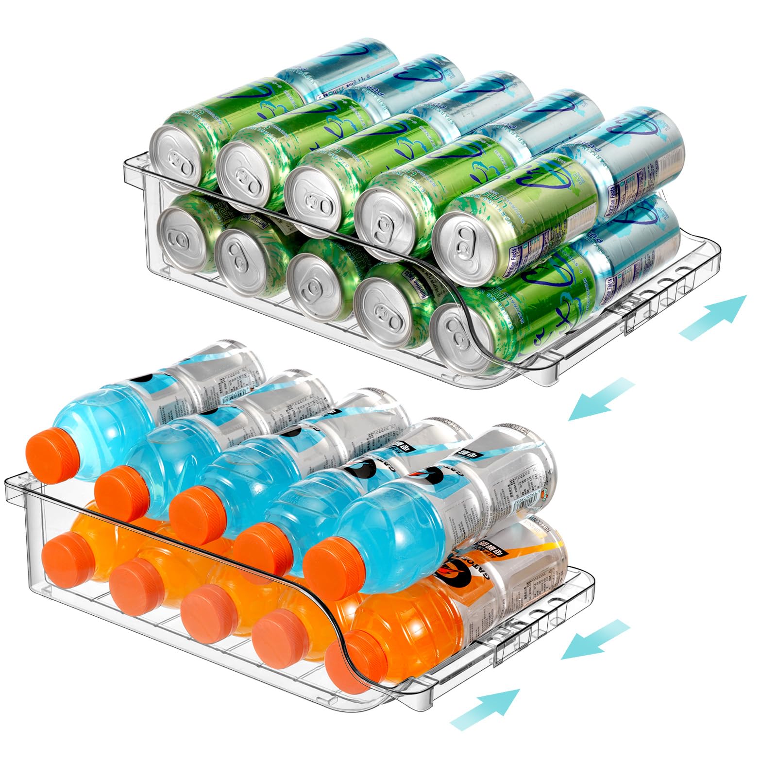 BingoHive clear width adjustable soda can organizer keeps fridge cans neatly organized.