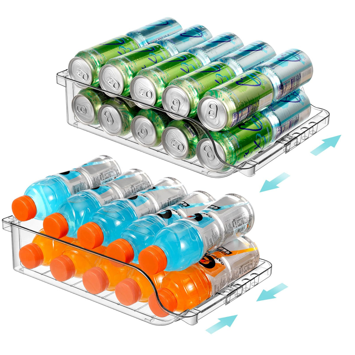 BingoHive clear width adjustable soda can organizer keeps fridge cans neatly organized.