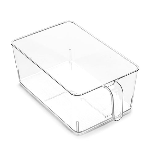 BINO clear storage organizer with built-in handles for easy fridge access.