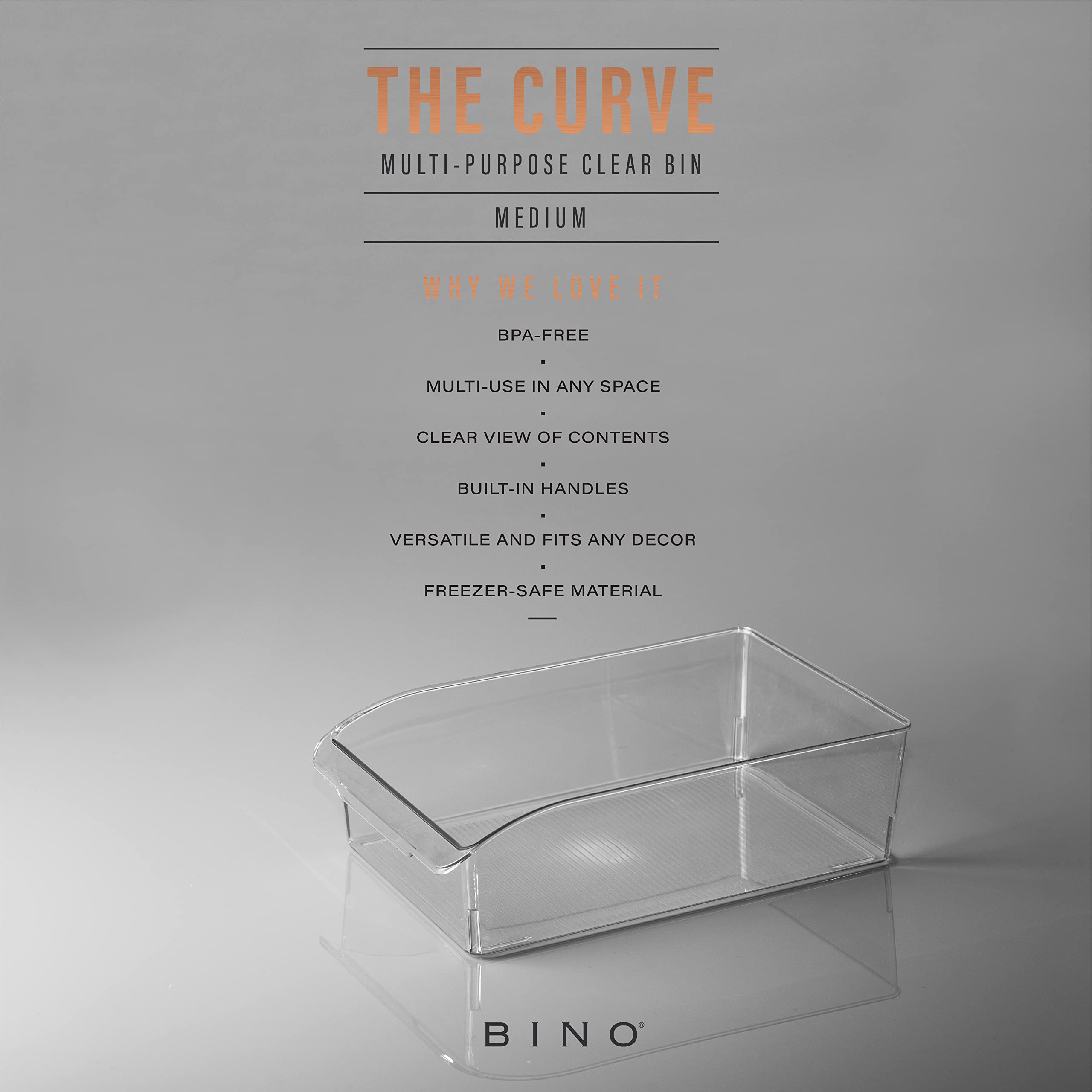 BINO Curve Collection clear bin stackable design saves shelf space.