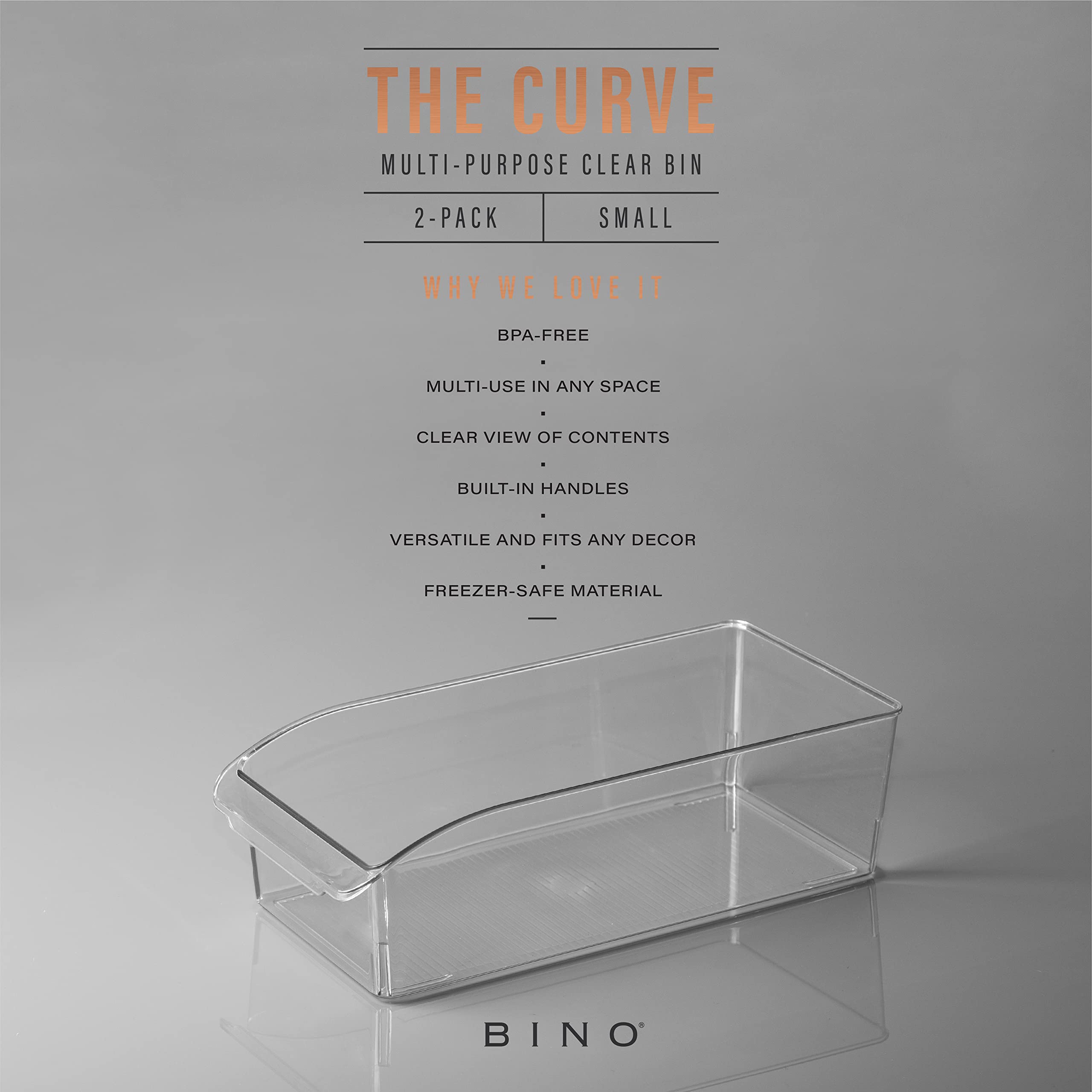 BINO Curve small bin on a shelf showing clear contents