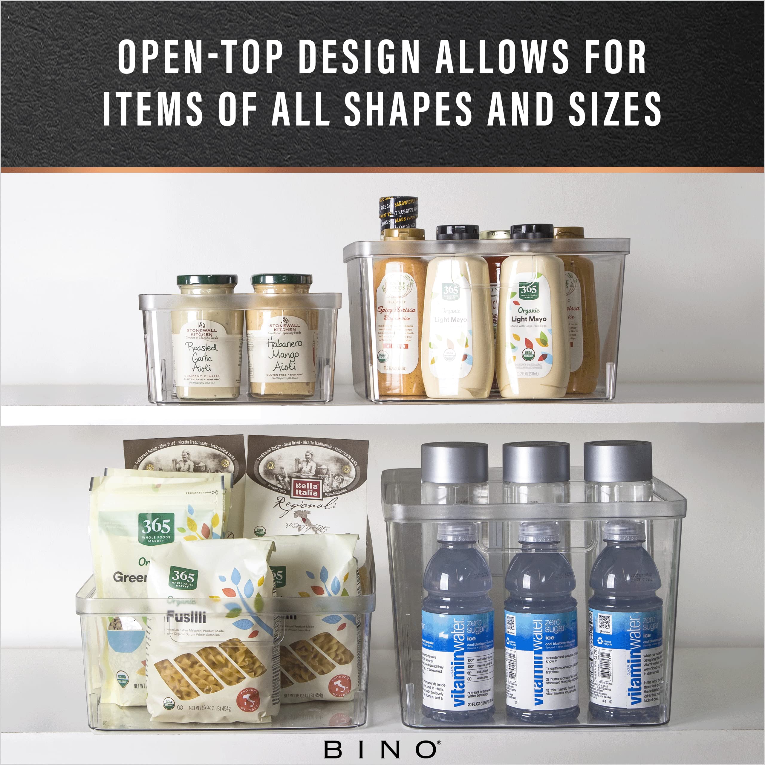BINO Lucid Collection clear bin with built-in handles for easy lifting.