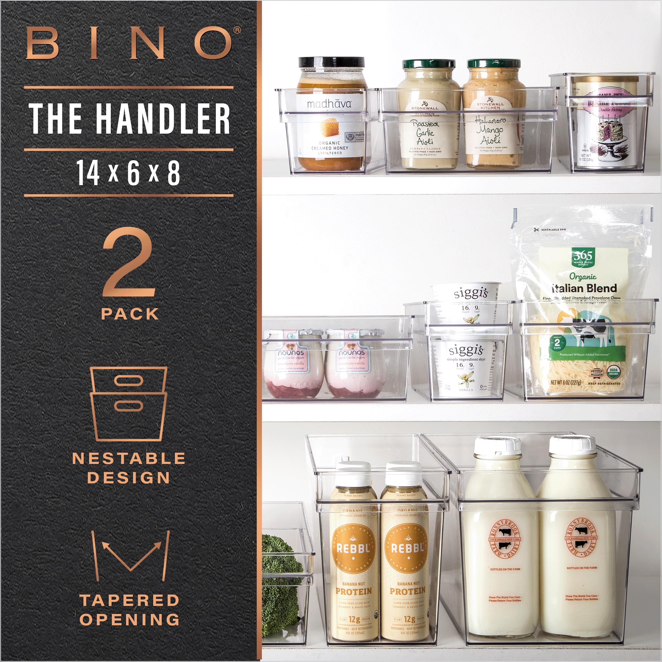 BINO fridge bin keeps contents visible for quick grab-and-go snacks