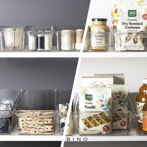 BINO pantry organization bin transparent helps declutter shelves quickly.