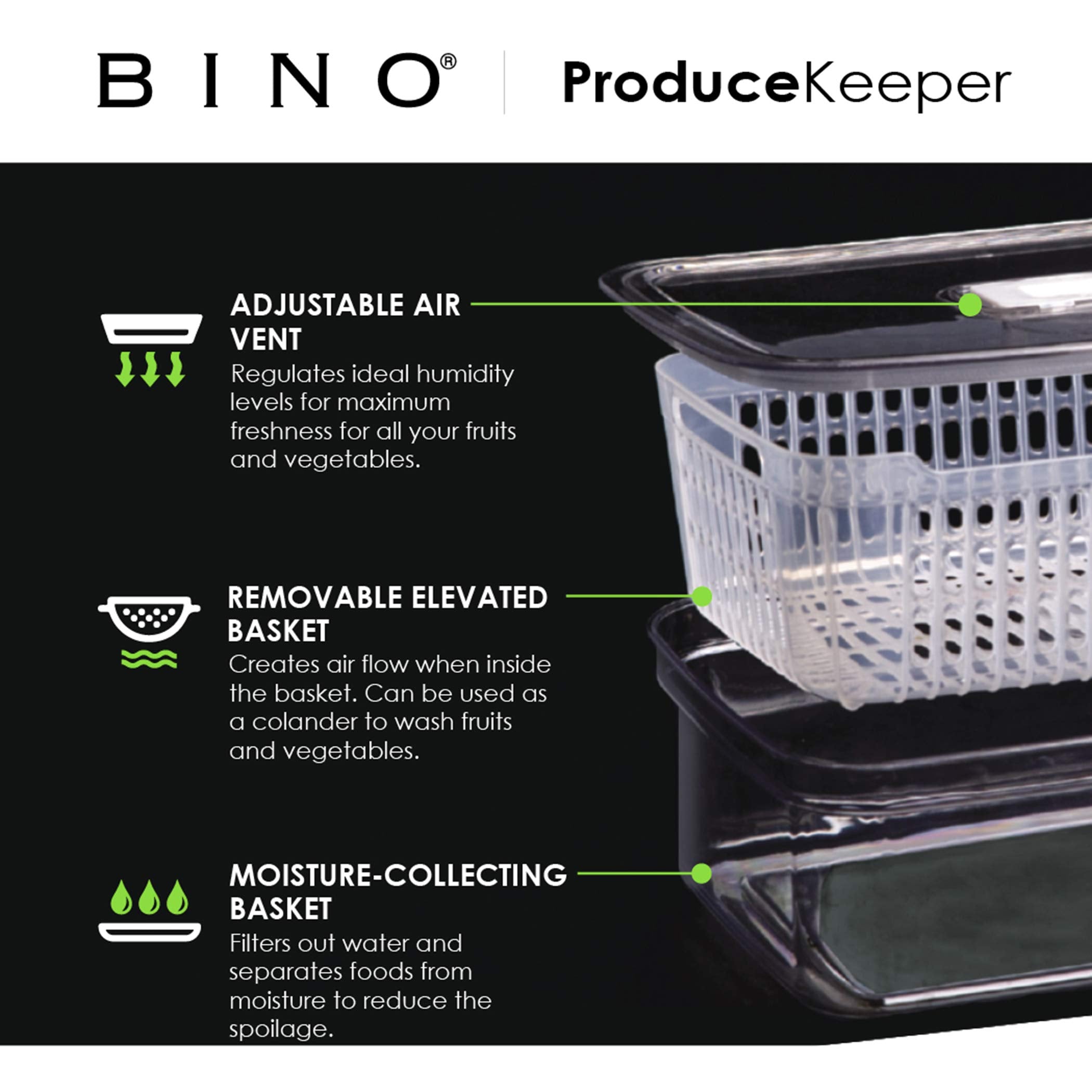 BINO Produce Saver airtight lid locks in freshness and blocks odors.