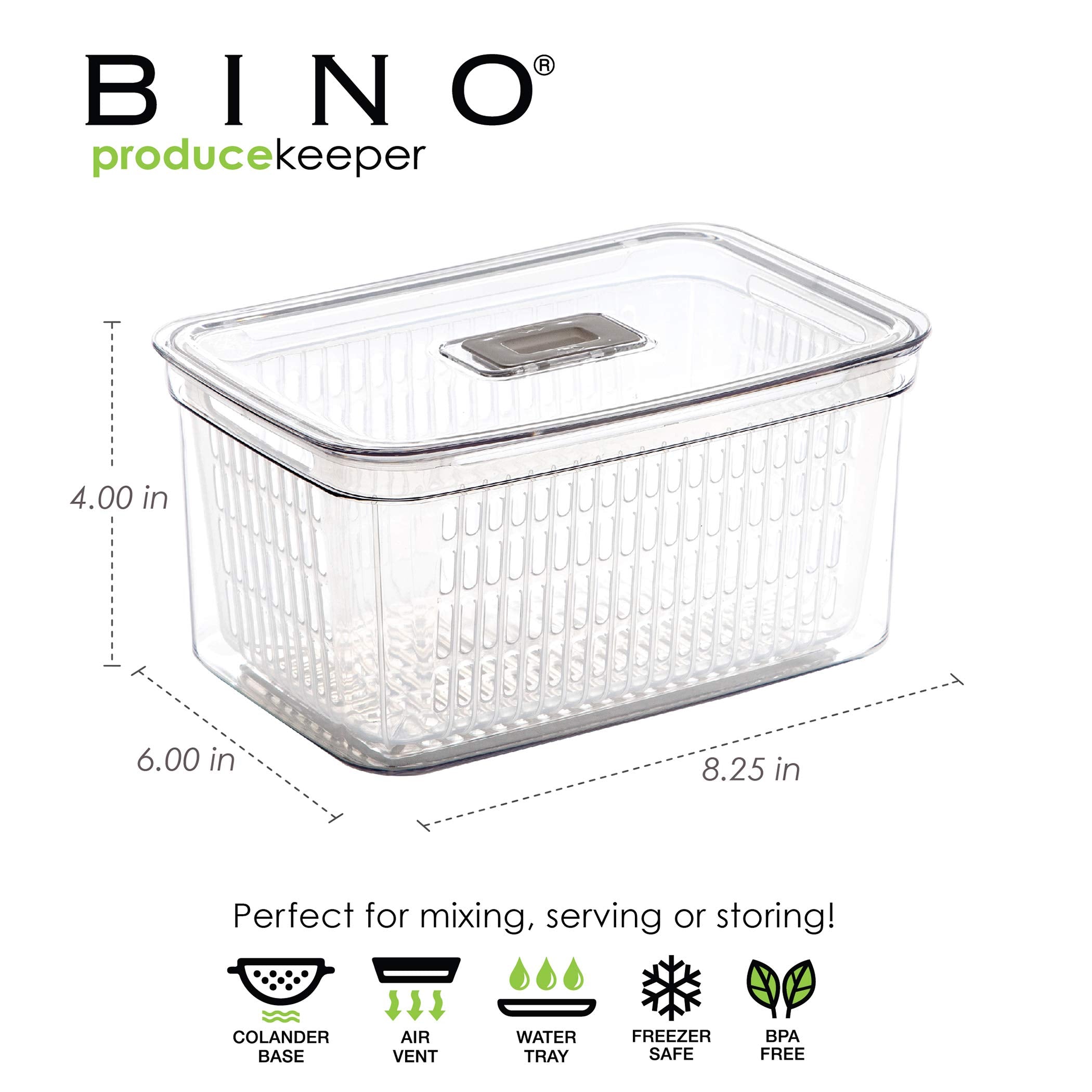 BINO Produce Saver removable basket for easy washing and draining of produce.