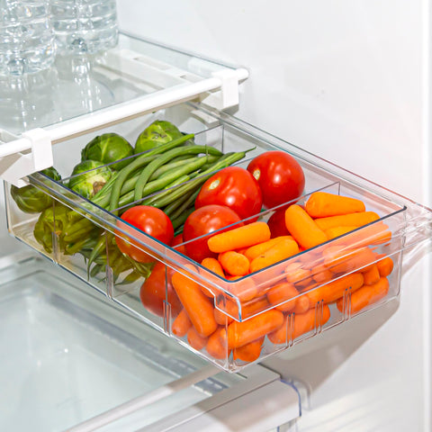 BINO pull-out fridge organizer main view shows organized storage for fruits and drinks.
