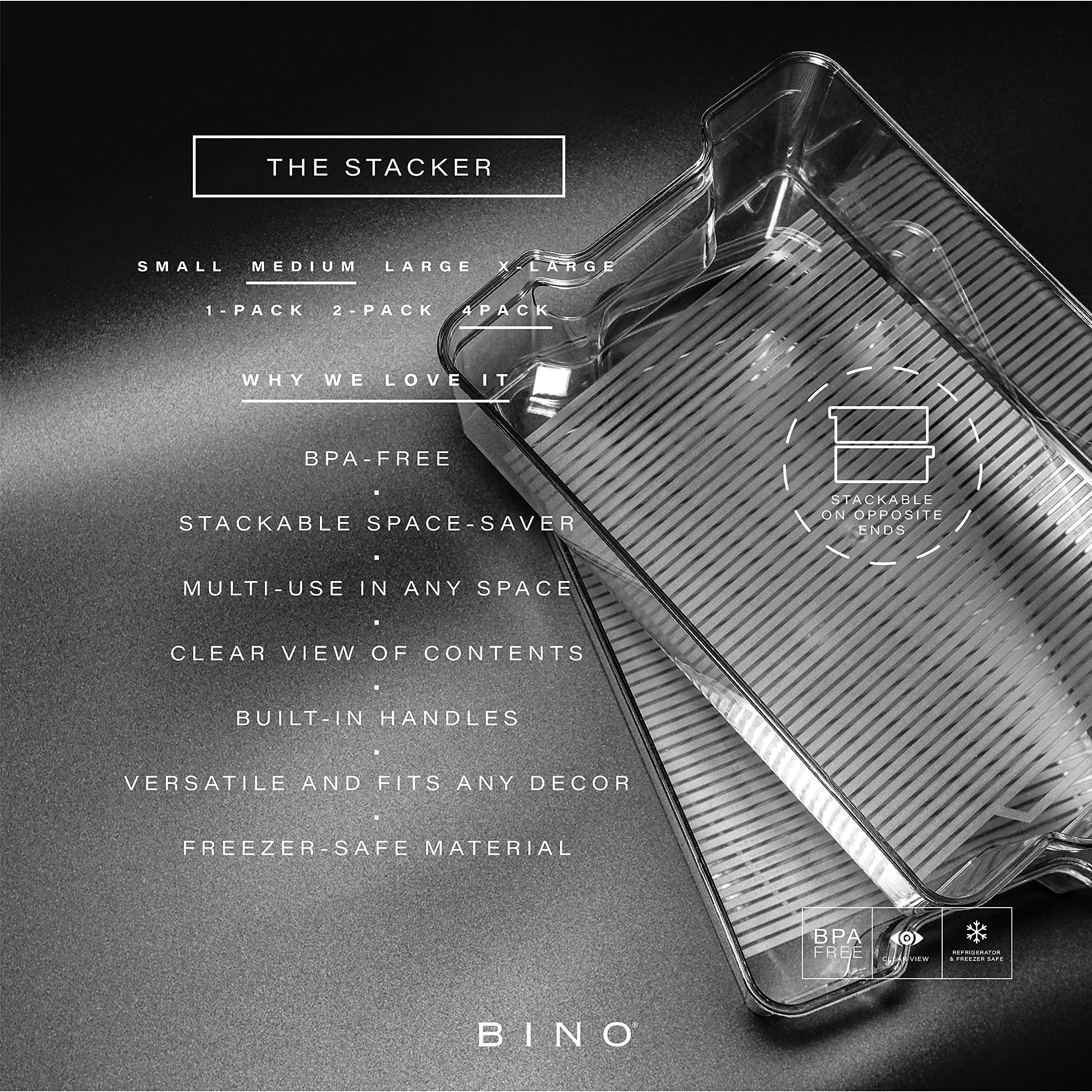 BINO stackable refrigerator bin provides clear visibility of contents.