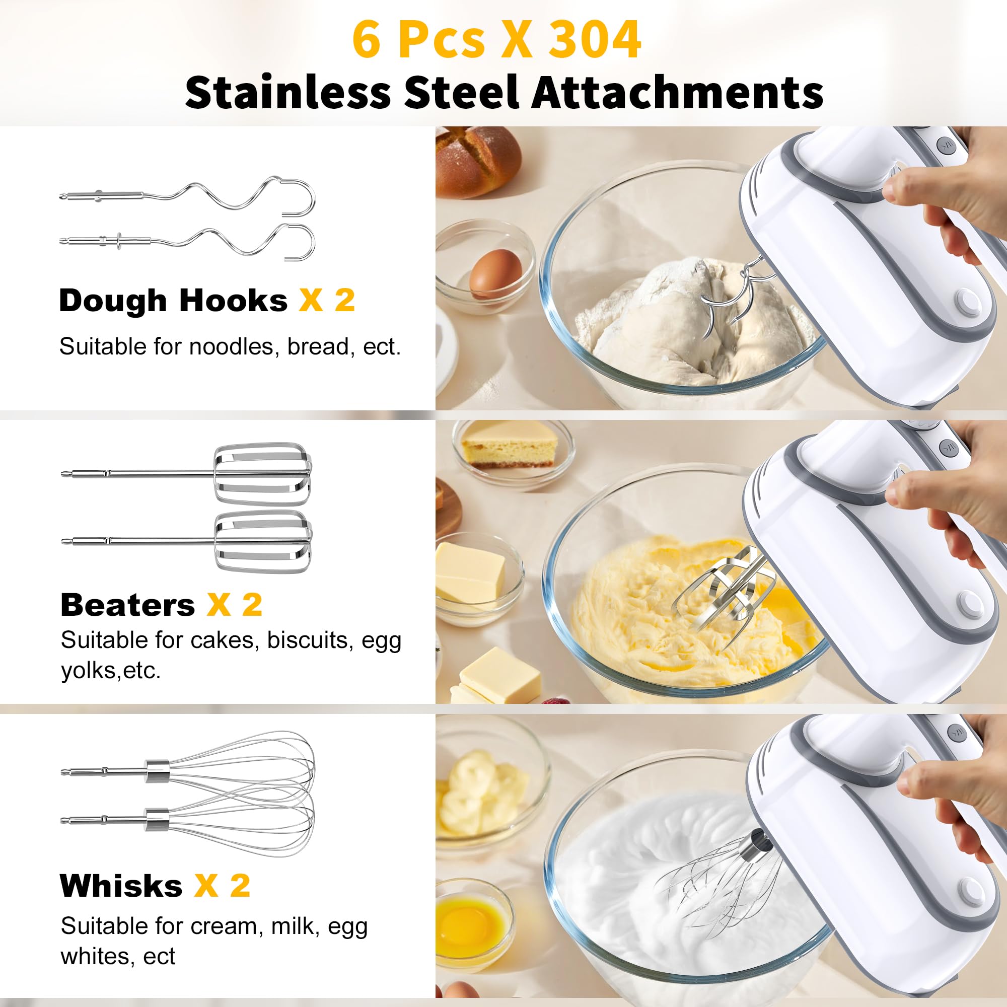 binROC whisk, beater, and dough hook attachments ready for mixing.