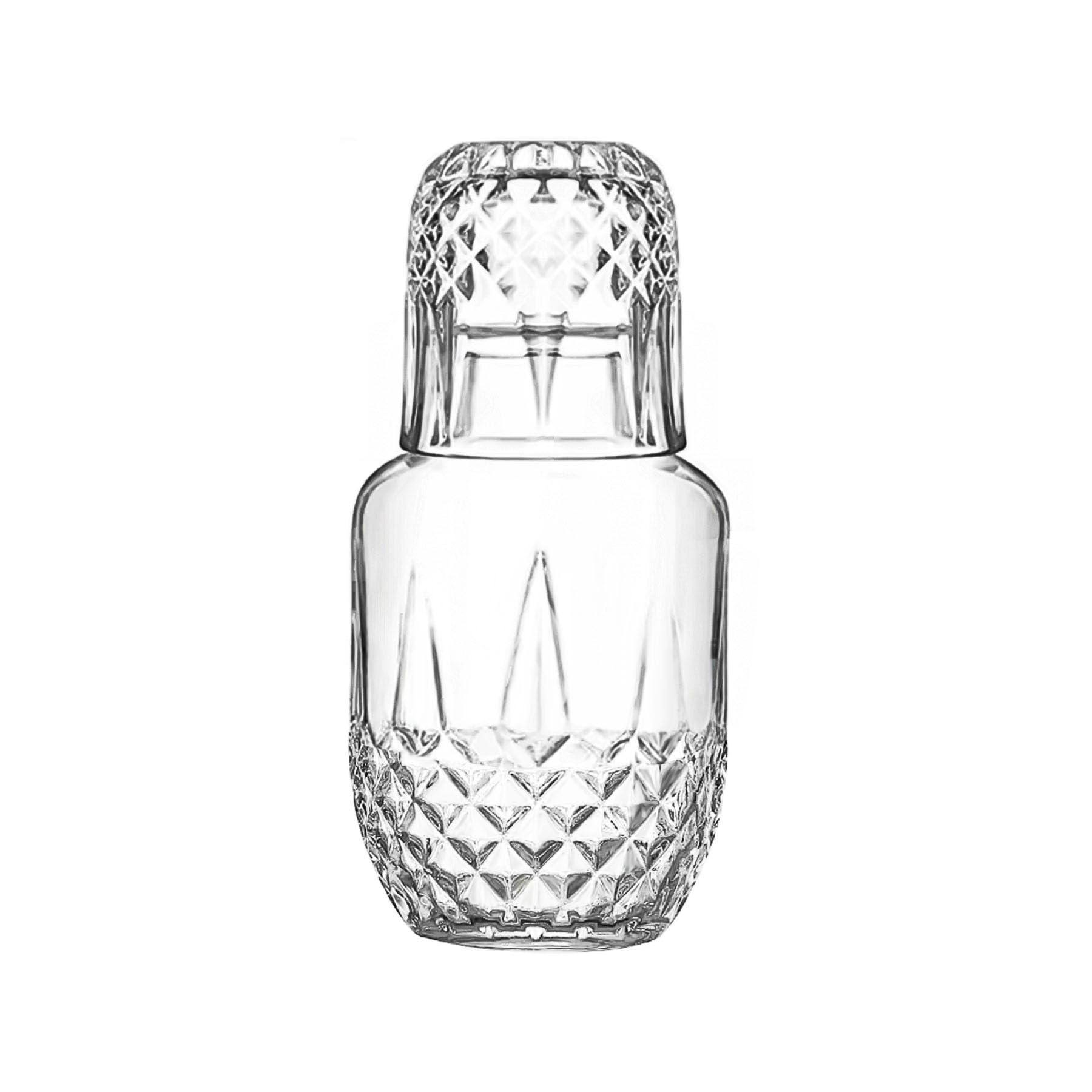 Binsakao bedside water carafe with glass on nightstand for easy hydration.