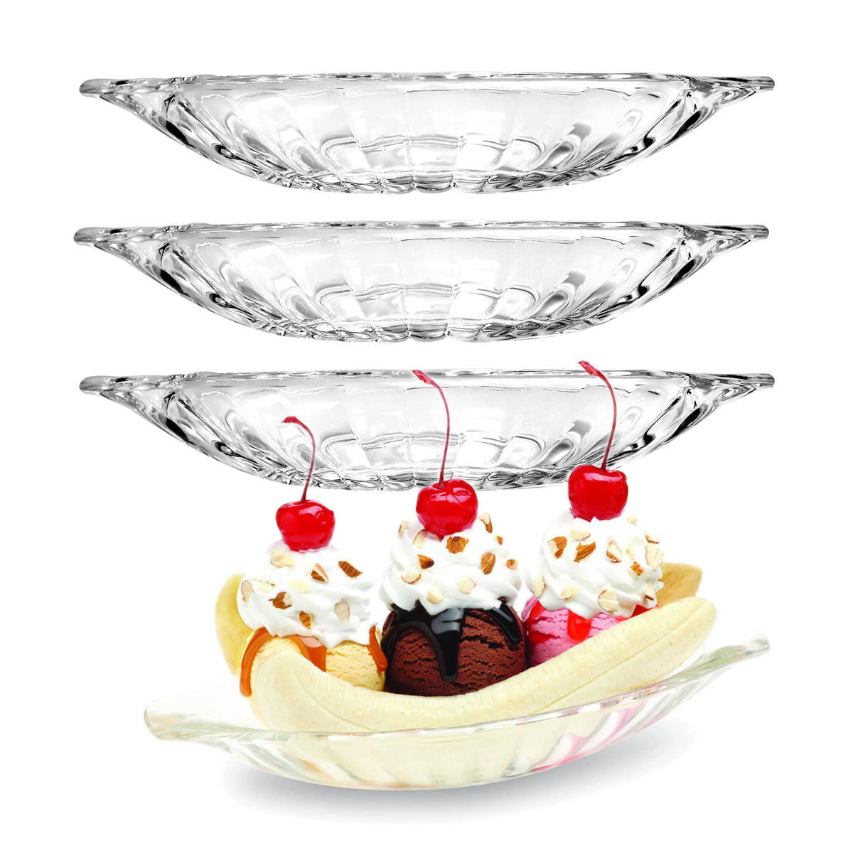 Binsakao glass banana split dish boat set of 4 showcases vibrant toppings and neat portions.