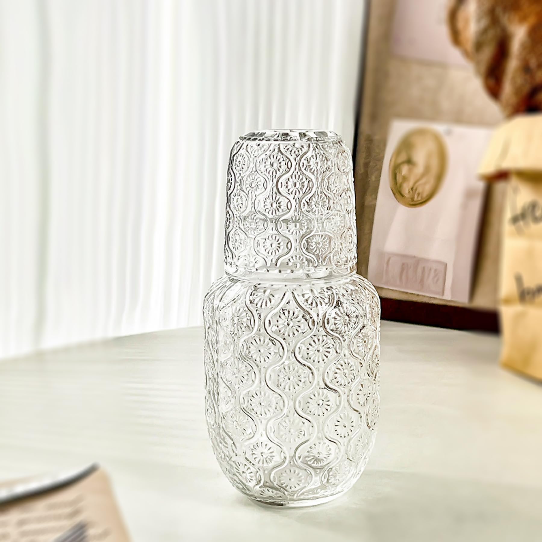 Binsakao ticked glass mouthwash decanter adds a refined touch to bathroom routines.