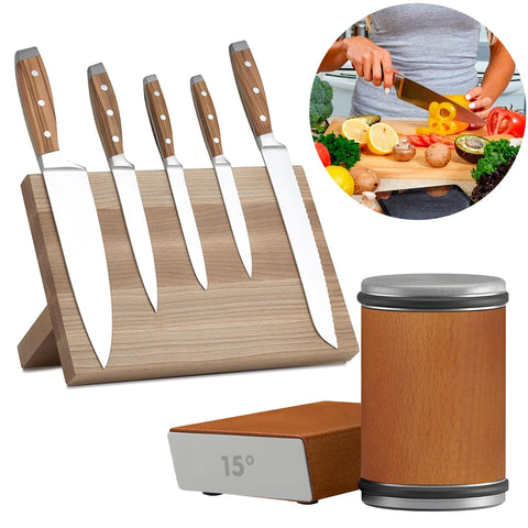 BIOBO rolling knife sharpener wood base with magnets prevents slip.