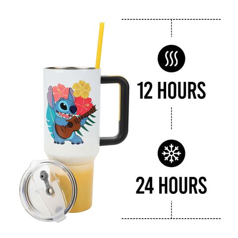 Bioworld Disney Stitch Hawaiian 40 Oz Tumbler stainless steel body in daily use