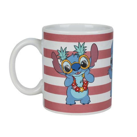 Bioworld Disney Stitch mug showcases a custom design in Hawaiian regalia for fans, daily coffee companion.
