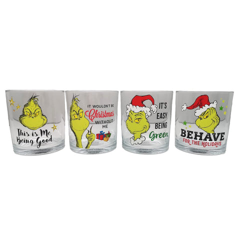 Bioworld Dr. Seuss Grinch four-pack glasses, 10oz each, ideal for holiday entertaining.
