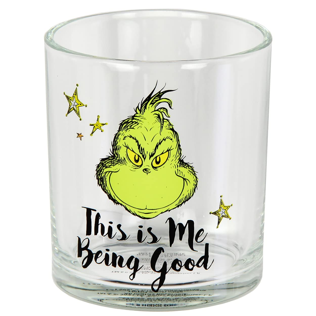 Close-up of Grinch character designs on Bioworld glasses for festive sipping.