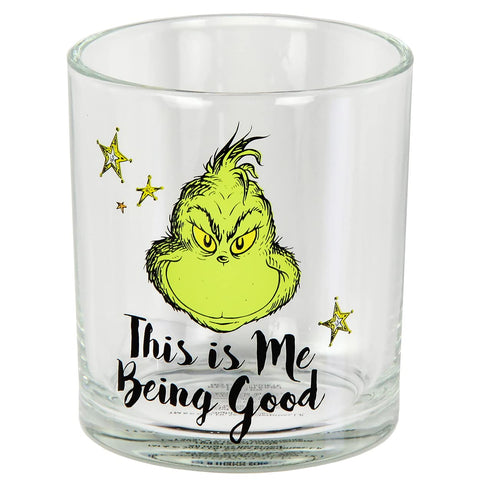 Close-up of Grinch character designs on Bioworld glasses for festive sipping.