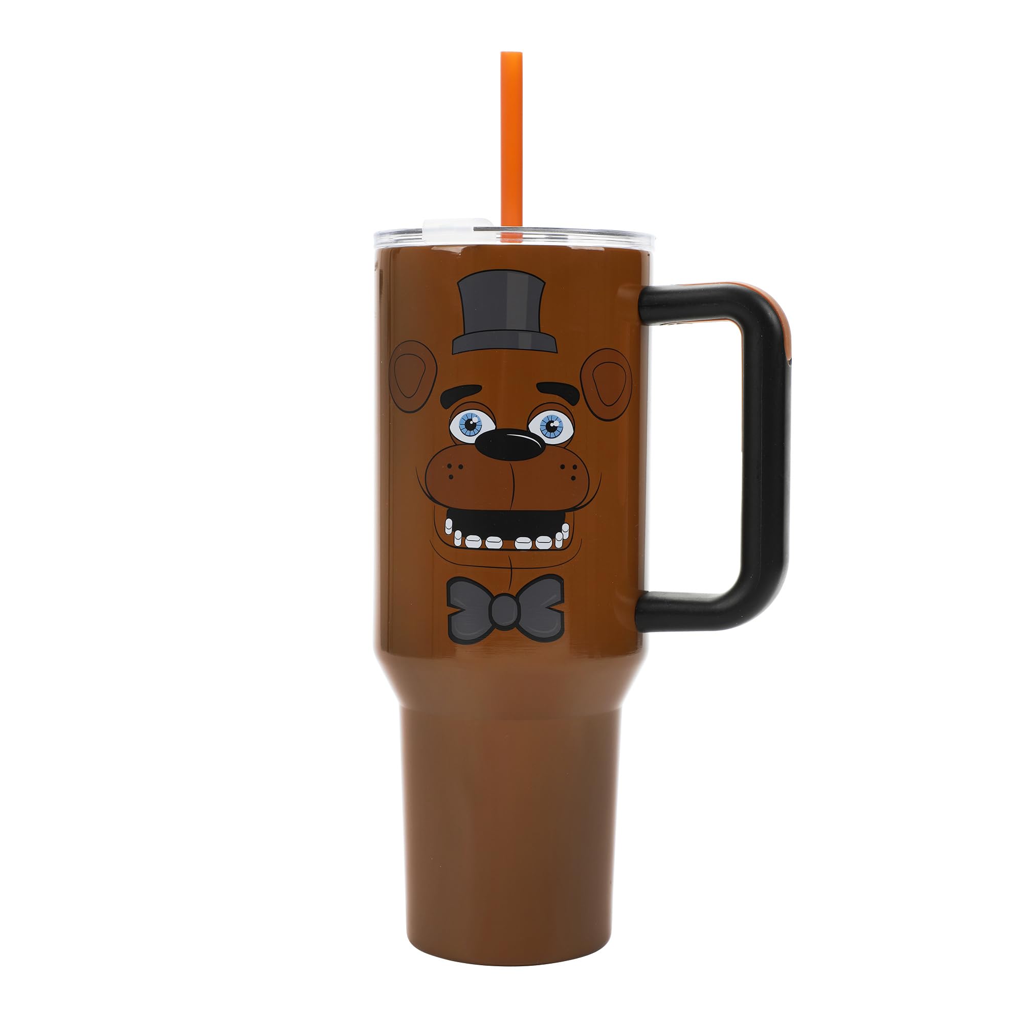 Bioworld FNAF Freddy Fazbear 40 oz tumbler, front view, durable stainless steel.