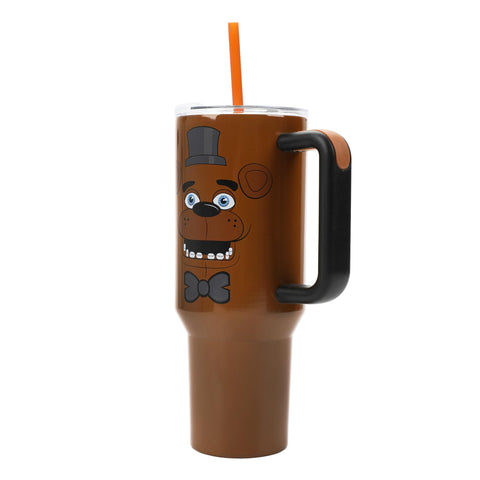 Bioworld FNAF tumbler with Freddy Fazbear graphic, handle and leak-resistant lid.