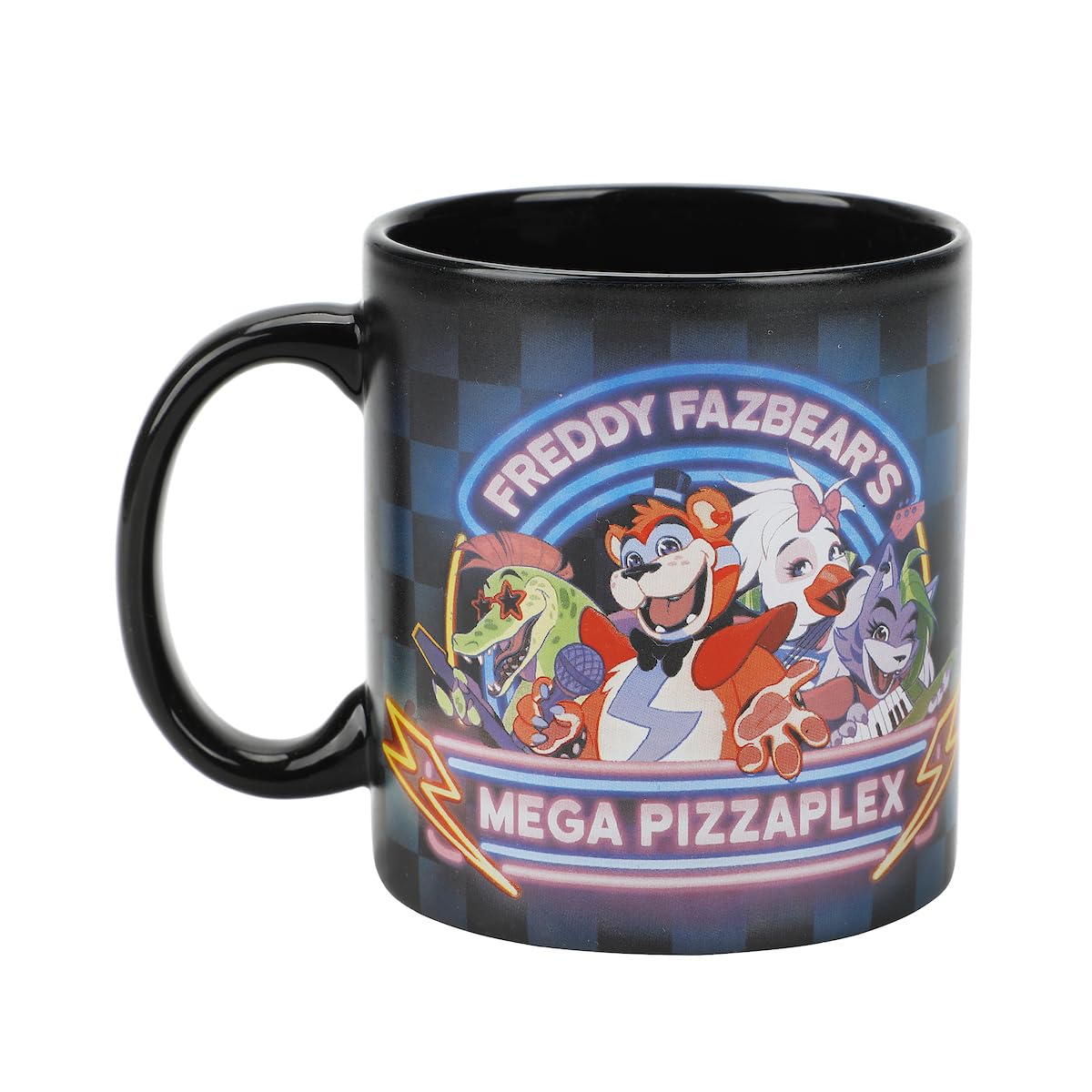 Bioworld Freddy Fazbear's Mega PizzaPlex mug front art, vibrant neon visuals for collectors.