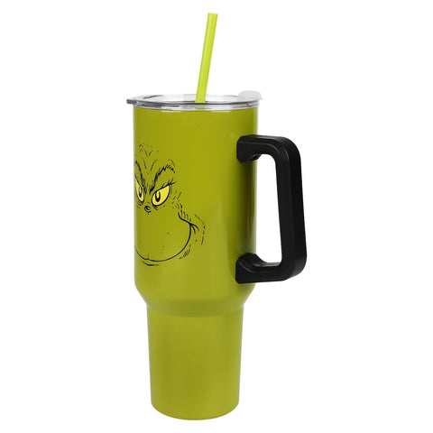 Bioworld Grinch green stainless steel tumbler close-up highlights durable materials for everyday use.